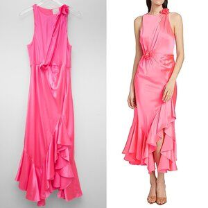 Cinq à Sept Cates Asymmetric Silk Dress Sleeveless Ruffle Trim Midi Pink Size 12